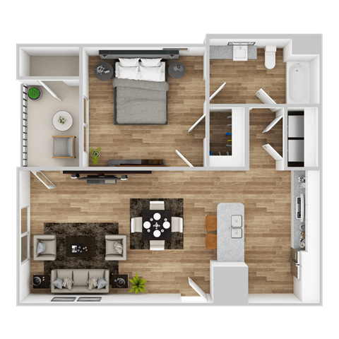 Floor plan for 1 bed, 1 bath, 736 sqft